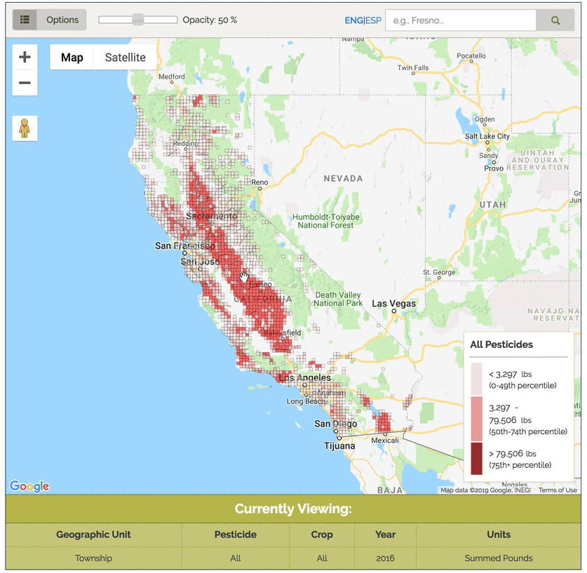 Map of pesticide data in California from the application