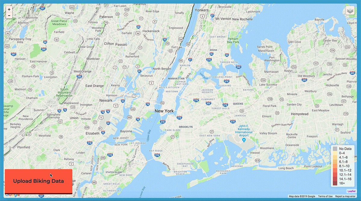 Map showing bicycle path data from the application